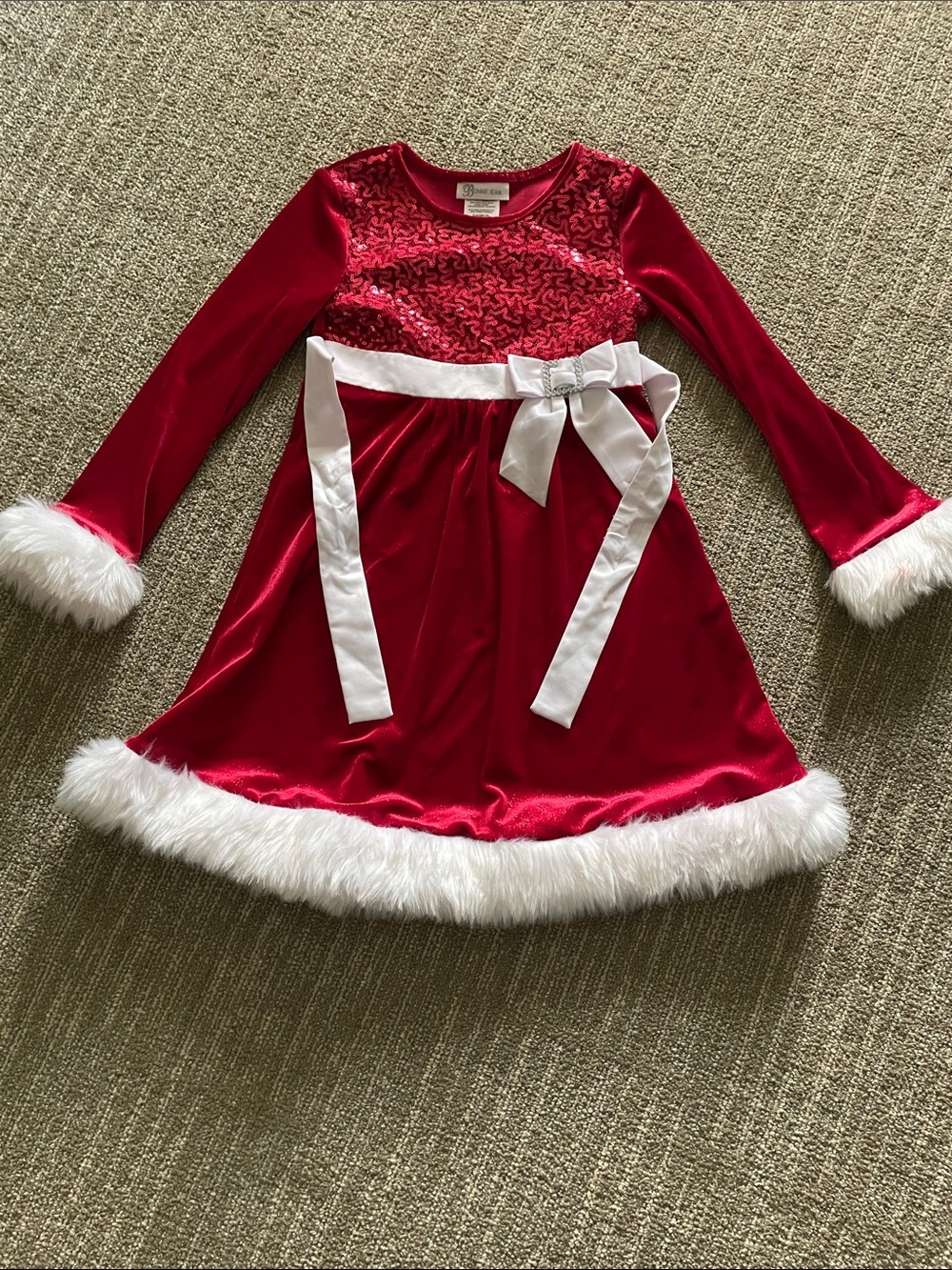 Bonnie Jean Red Velvet Holiday Dress with White Fur Trim and Bow